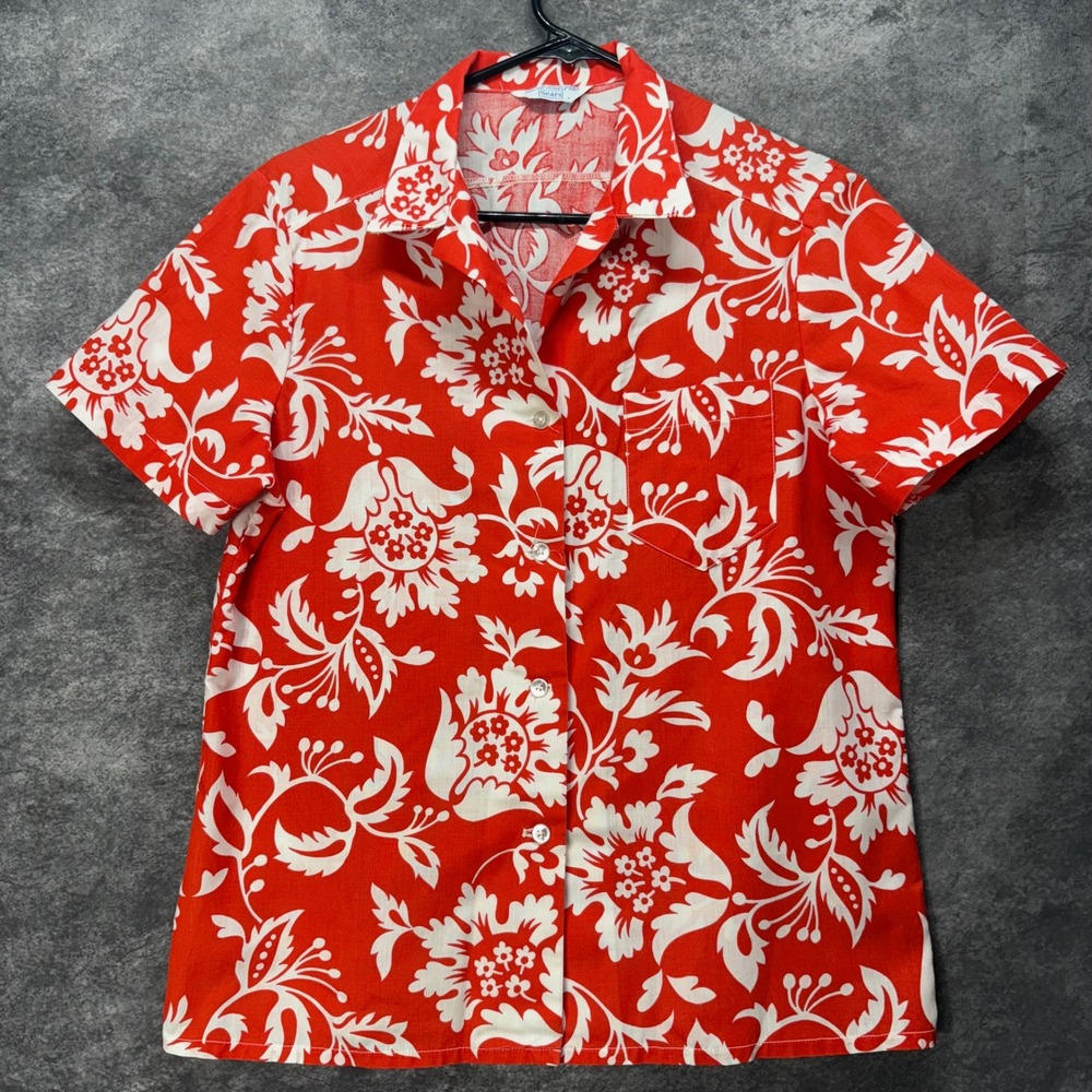 Vintage 70s Sears Red White Floral Hawaiian Shirt Womens L Short Sleeve Button